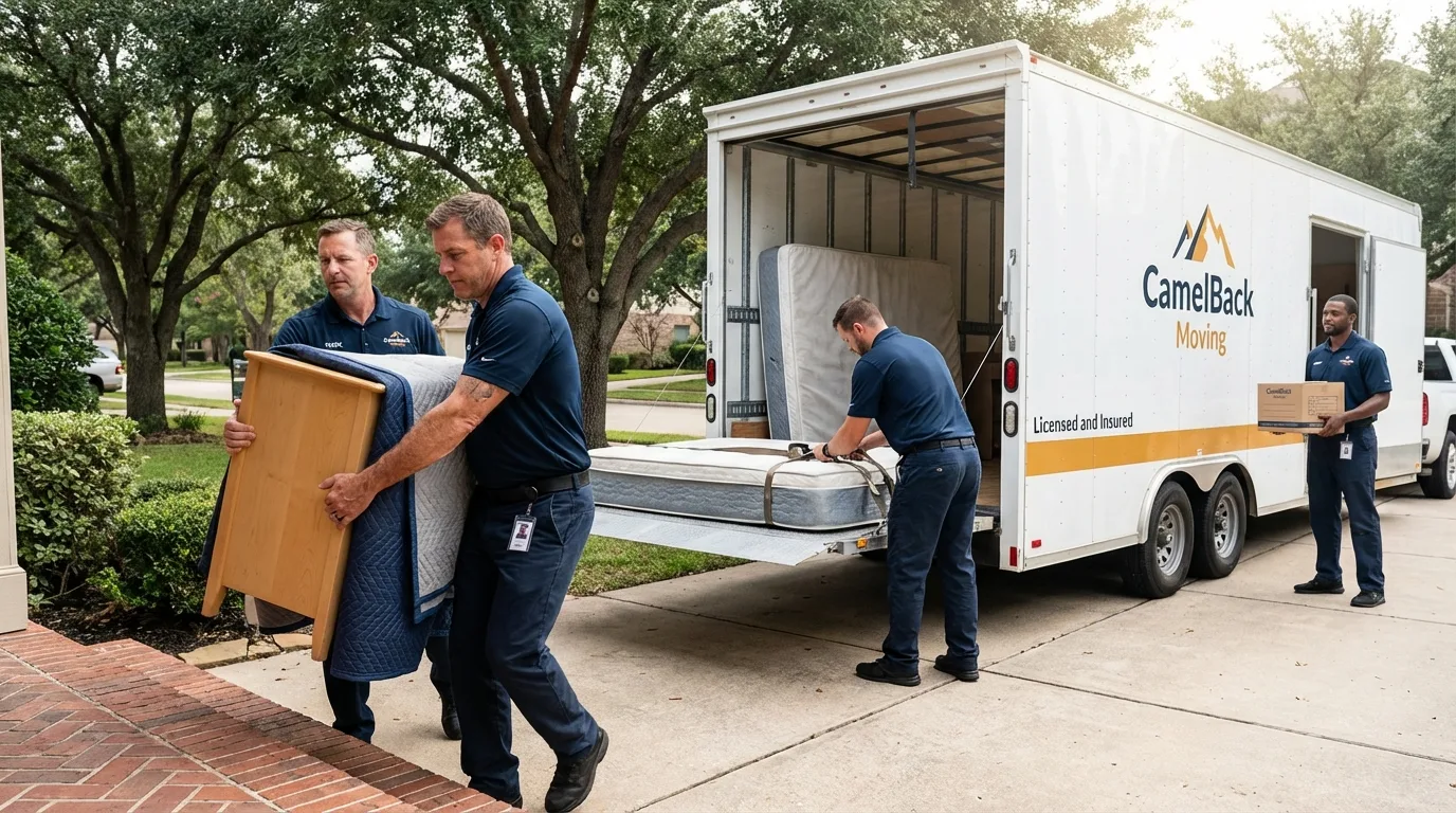 Crew loading residential truck for cross-state move from Mahomet, IL