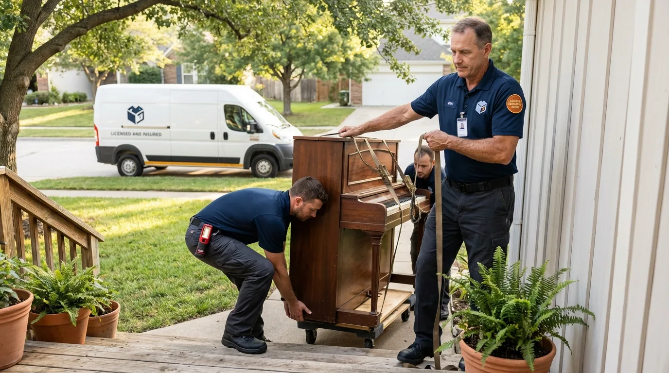 Licensed piano movers securing grand piano in Mahomet, IL