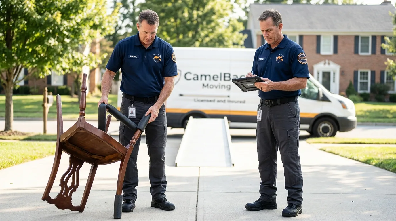 Movers inspecting furniture for damage prevention before loading in Mahomet, IL