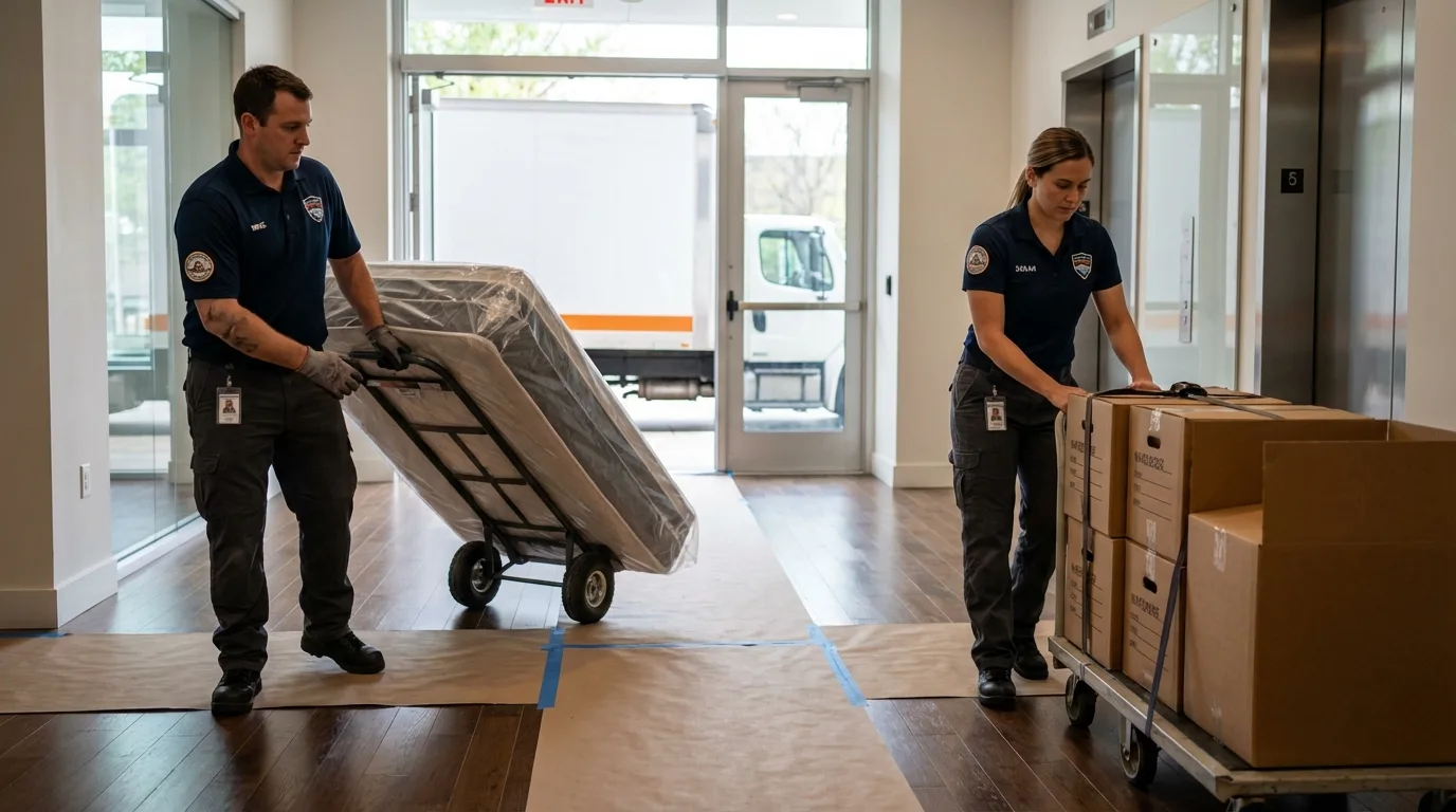 Professional apartment movers loading elevator in Mahomet, IL
