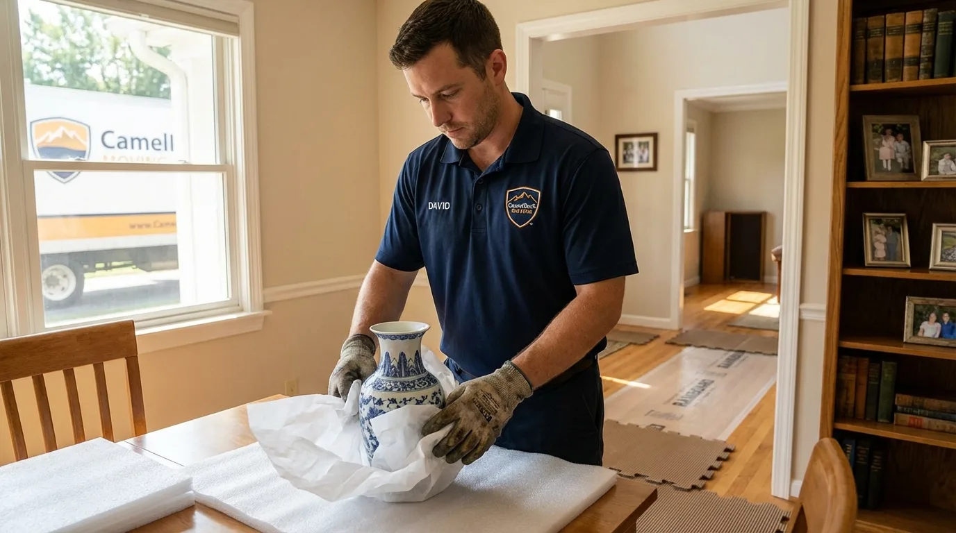 Professional crew carefully wrapping antique vase for senior downsizing move in Mahomet, IL